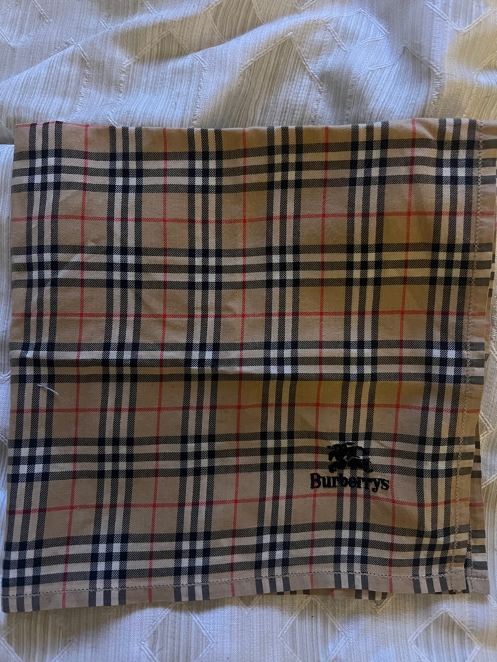 Burberry Tan Plaid Twilly with Black, Red and White Stripes